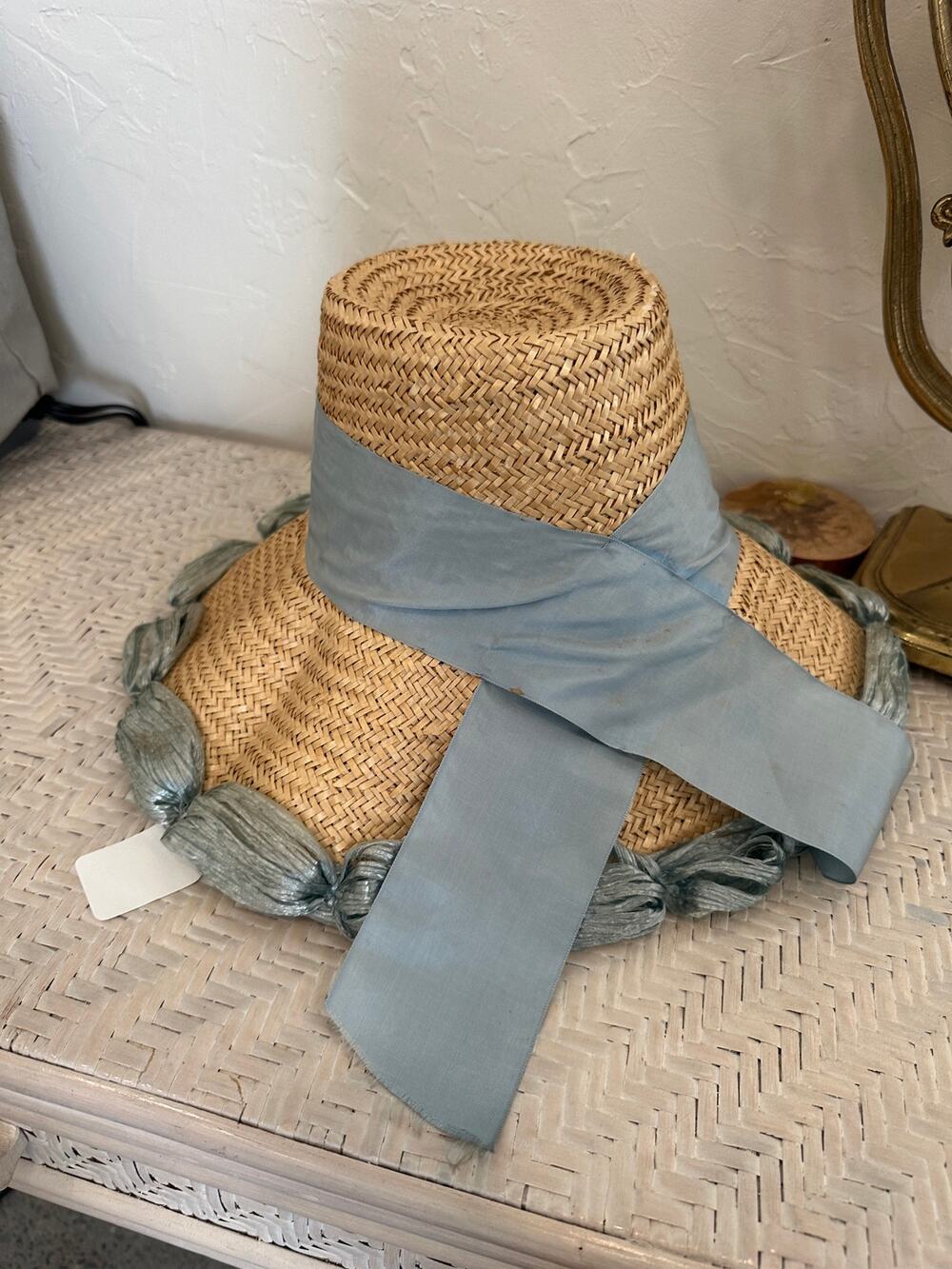 Vintage Italian Straw Wide Brim Hat Blue Silk Ribbon Trim